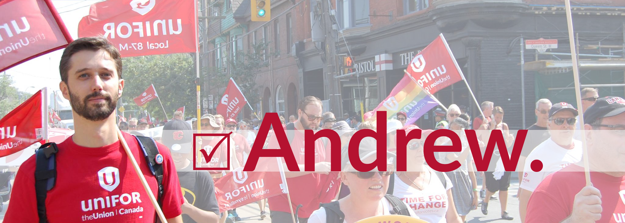 Andrew Stephen participating in a Labour Day march with Unifor members